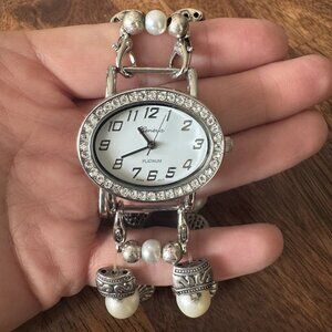 GENEVA White & Silver Beaded Stretch Watch